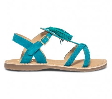 Sandale turquoise en cuir velours avec pampille