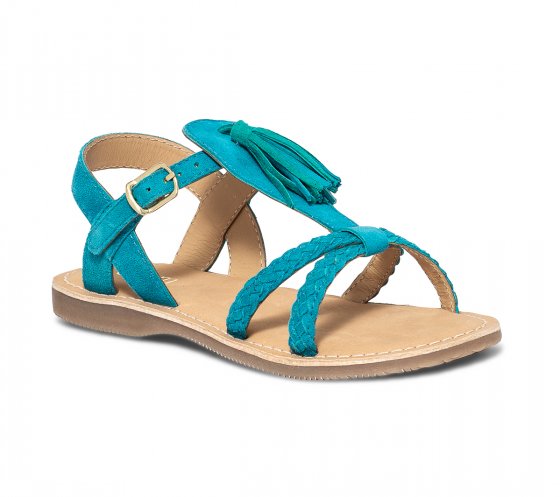Sandale turquoise en cuir velours avec pampille