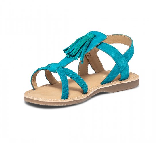 Sandale turquoise en cuir velours avec pampille